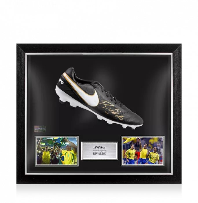 icons Rivaldo Signed Black and Gold Nike Tiempo Boot In Bubble Frame: Option 1