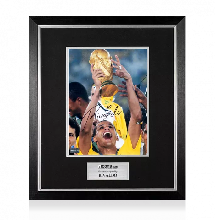 icons Rivaldo Signed Brazil Photo In Premium Photo Frame: 2002 FIFA World Cup Winner