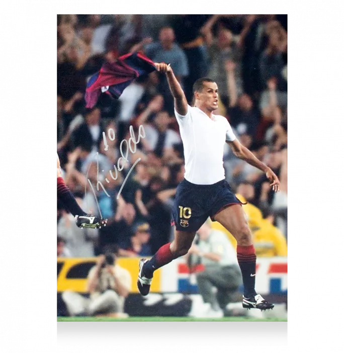 Icons Rivaldo Signed FC Barcelona Photo In Black Wooden Frame: Overhead Kick Vs Valencia Celebration