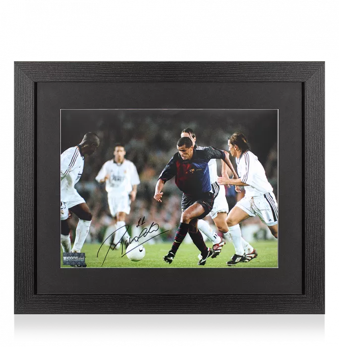 icons Rivaldo Signed FC Barcelona Photo In Black Wooden Frame: El Clasico