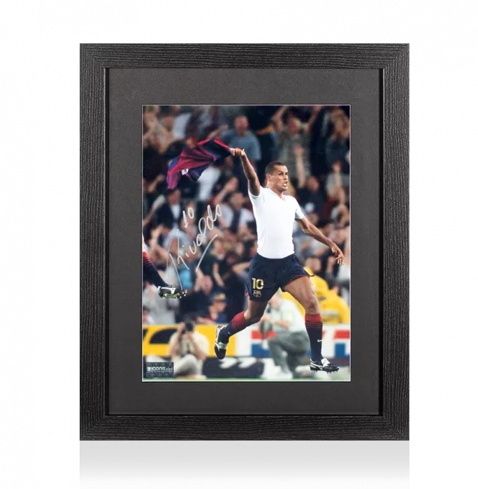 icons Rivaldo Signed FC Barcelona Photo In Black Wooden Frame: Overhead Kick vs Valencia Celebration
