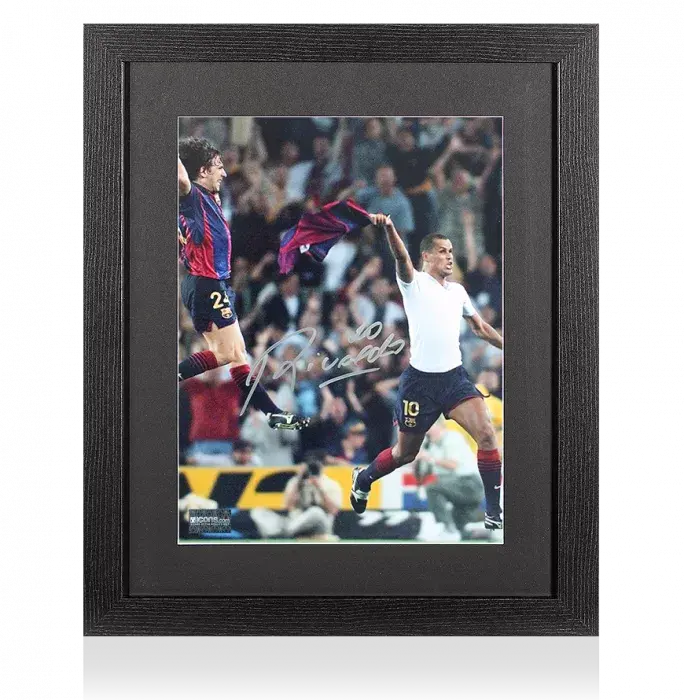Icons Rivaldo Signed FC Barcelona Photo Signed In Black Wooden Frame: Overhead Kick Vs Valencia Celebration