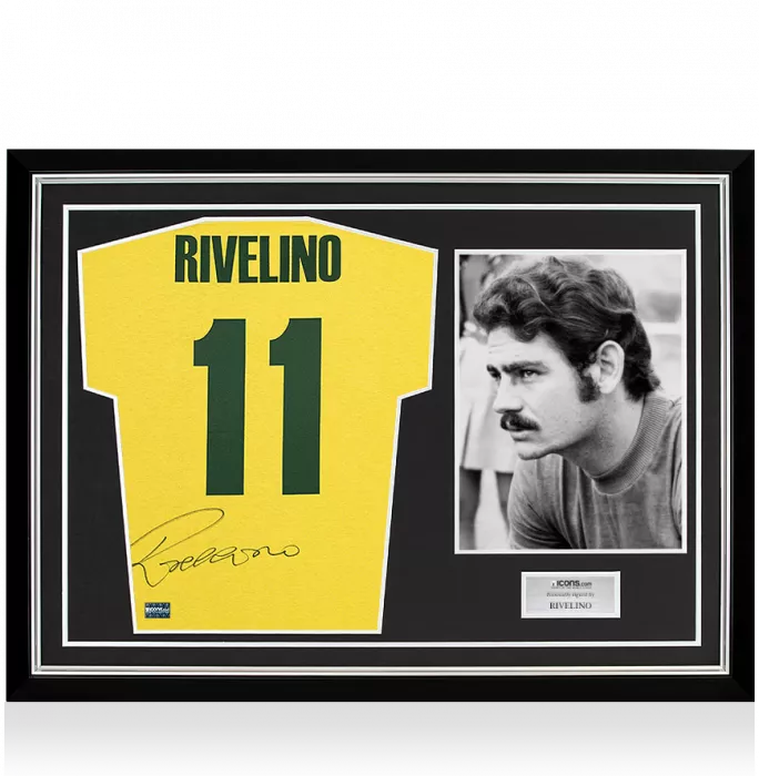 Icons Rivelino Back Signed Retro Brazil Home Shirt In Hero Frame: Option 1