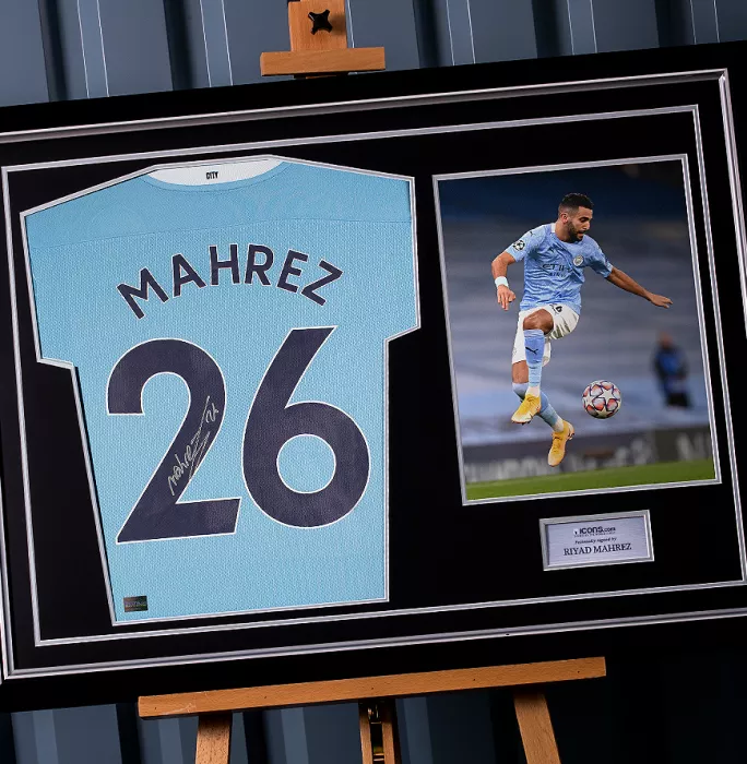 Icons Riyad Mahrez Back Signed Manchester City 2020-21 Home Shirt In Hero Frame: Option 1