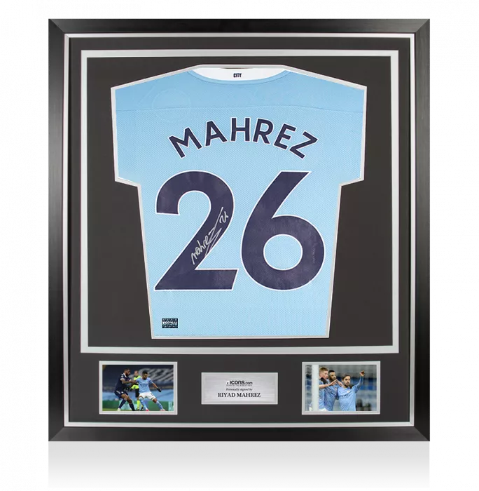 icons Riyad Mahrez Back Signed Manchester City 2020-21 Home Shirt In Classic Frame