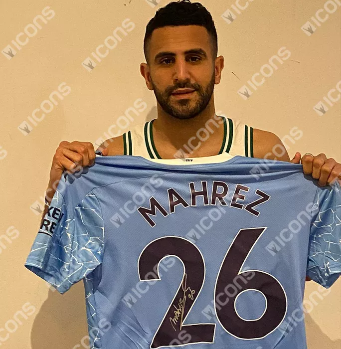 Icons Riyad Mahrez Back Signed Manchester City 2020-21 Home Shirt