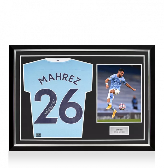 icons Riyad Mahrez Back Signed Manchester City 2020-21 Home Shirt In Hero Frame: Option 1