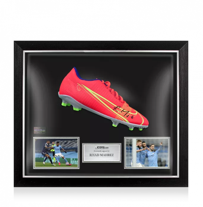 Icons Riyad Mahrez Signed Red Nike Mercurial Boot In Bubble Frame: Manchester City Option