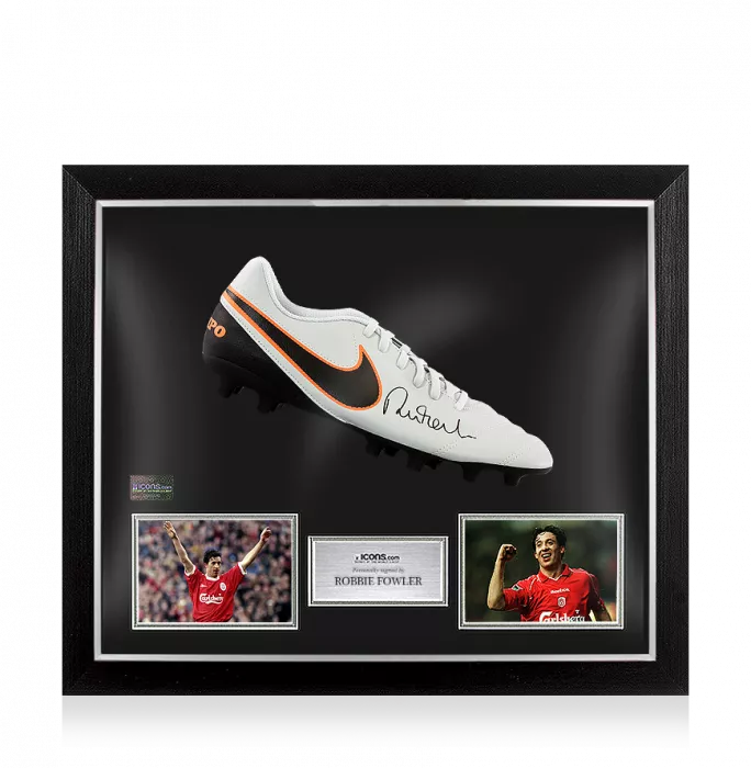 icons Robbie Fowler Signed Grey Nike Tiempo Boot In Bubble Frame: Option 1