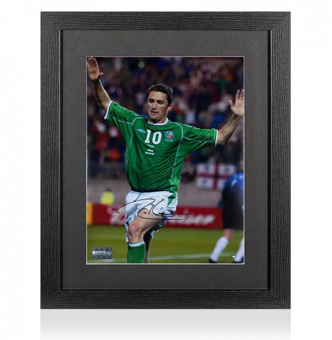 icons Robbie Keane Signed Republic of Ireland Photo In Black Wooden Frame: 2002 FIFA World Cup Goal vs Germany
