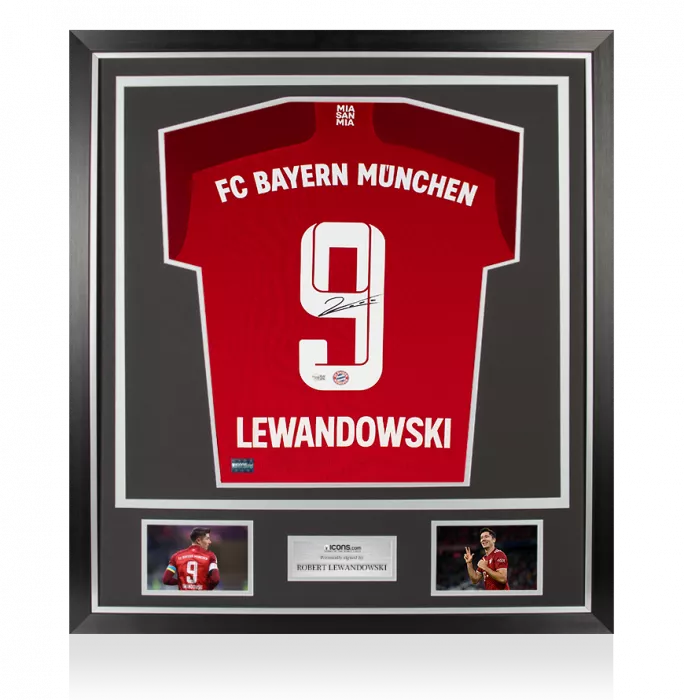 icons Robert Lewandowski Back Signed Bayern Munich 2021-22 Home Shirt In Classic Frame