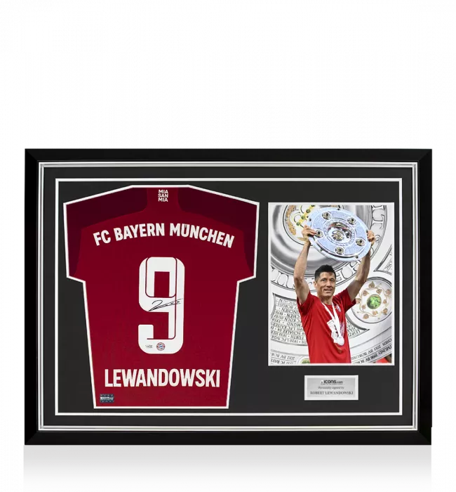 icons Robert Lewandowski Back Signed Bayern Munich 2021-22 Home Shirt In Hero Frame: Option 1
