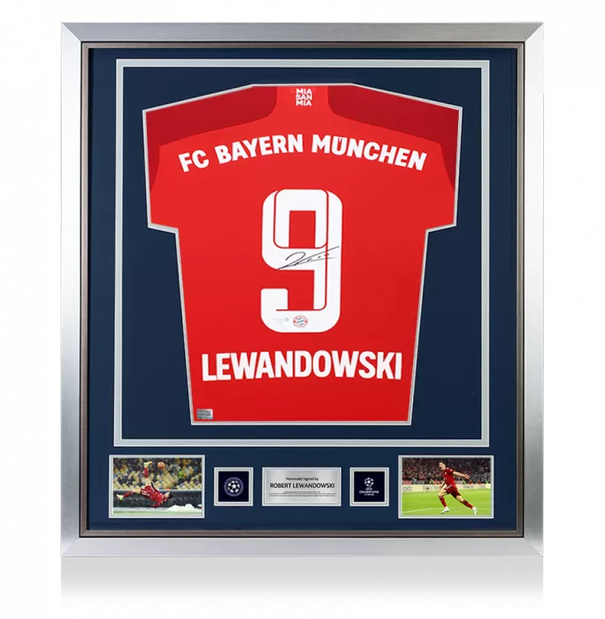 icons Robert Lewandowski Official UEFA Champions League Back Signed and Framed FC Bayern Munich 2021-22 Home Shirt