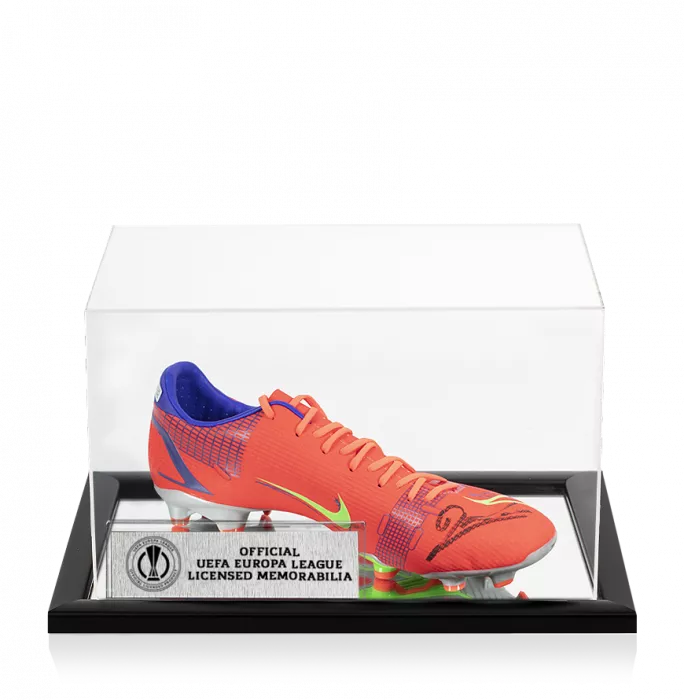 icons Robert Lewandowski Official UEFA Europa League Signed Red Nike Mercurial Boot In Acrylic Case