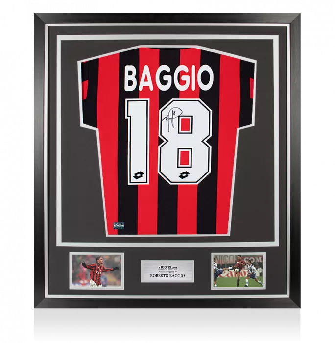 icons Roberto Baggio Back Signed AC Milan 1994-95 Home Shirt With Long Sleeves In Classic Frame