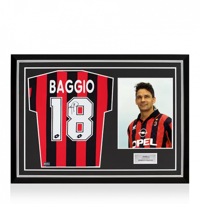 icons Roberto Baggio Back Signed AC Milan 1994-95 Home Shirt With Long Sleeves In Hero Frame: Option 1