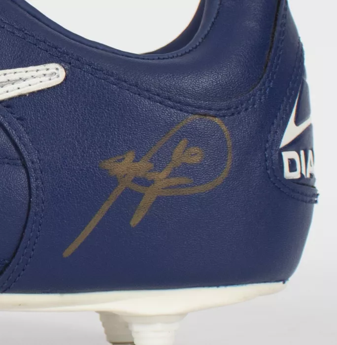 Icons Roberto Baggio Gold Signed Blue Diadora Derby Boot In Acrylic Case