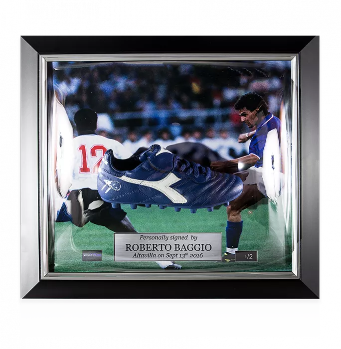icons Roberto Baggio Signed and Italy Framed Blue Diadora Derby Boot