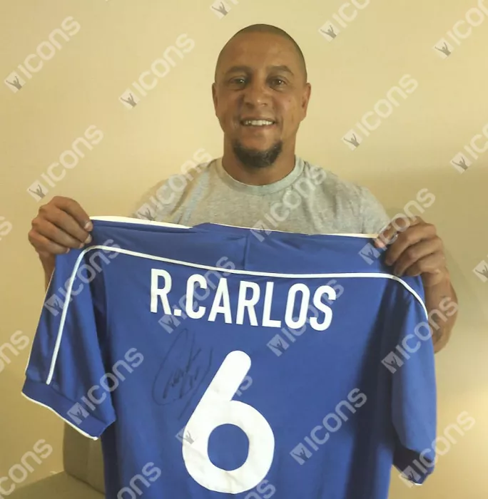 Icons Roberto Carlos Back Signed Brazil 2000-02 Away Shirt In Classic Frame