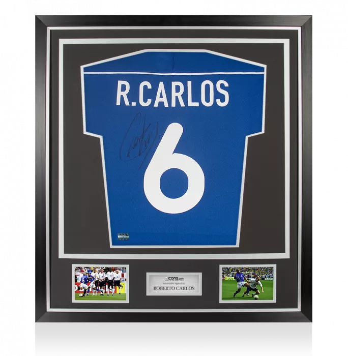 icons Roberto Carlos Back Signed Brazil 2000-02 Away Shirt In Classic Frame