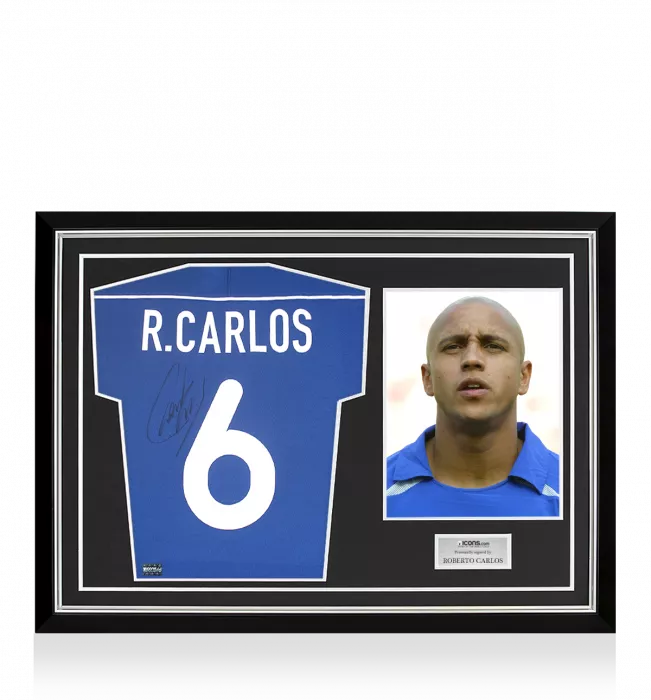 icons Roberto Carlos Back Signed Brazil 2000-02 Away Shirt Home Shirt In Hero Frame: Option 1