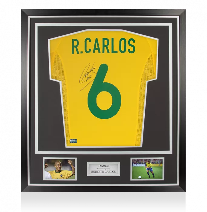 icons Roberto Carlos Back Signed Brazil 2000-02 Home Shirt In Classic Frame