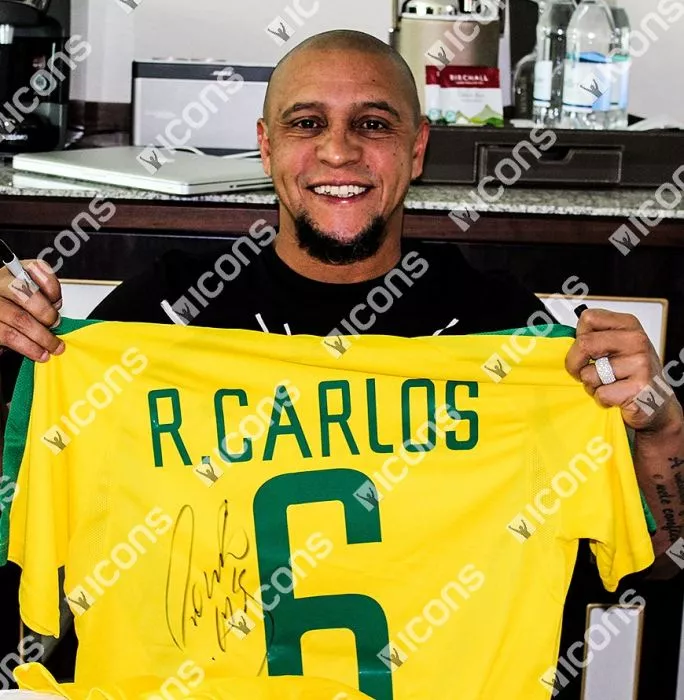 Icons Roberto Carlos Back Signed Brazil 2002 Home Shirt In Hero Frame: Option 1