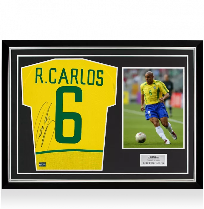 icons Roberto Carlos Back Signed Brazil 2002 Home Shirt In Hero Frame: Option 1