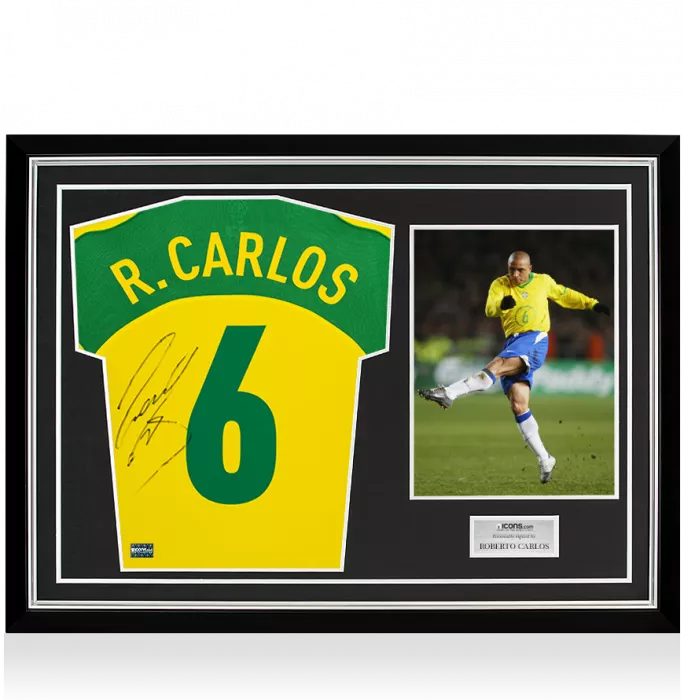 icons Roberto Carlos Back Signed Brazil 2004 Home Shirt In Hero Frame: Option 1