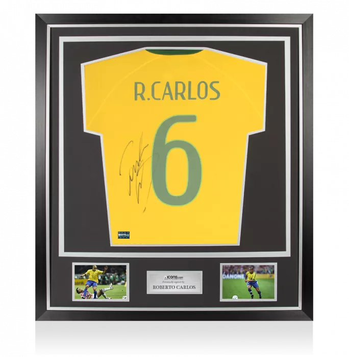 icons Roberto Carlos Back Signed Brazil 2014-15 Home Shirt In Classic Frame