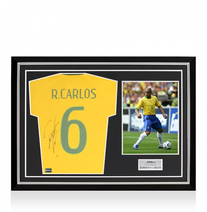 icons Roberto Carlos Back Signed Brazil 2014-15 Home Shirt Home Shirt In Hero Frame: Option 1