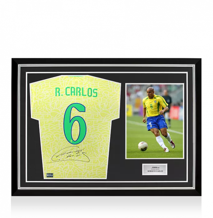 icons Roberto Carlos Back Signed Brazil Home 2024 Shirt In Hero Frame: Option 1