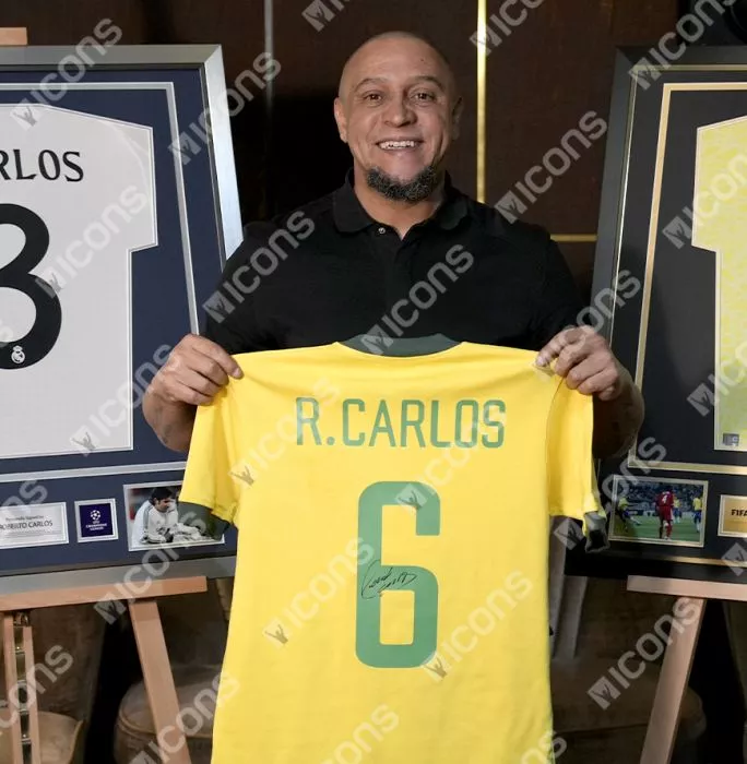 Icons Roberto Carlos Back Signed Brazil Retro Shirt In Deluxe Packaging