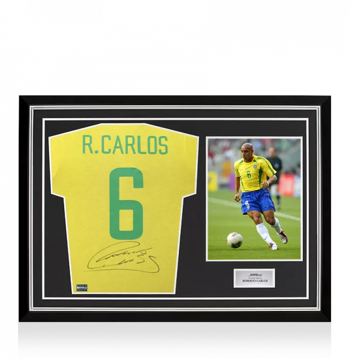 icons Roberto Carlos Back Signed Brazil Retro Shirt In Hero Frame: Option 1