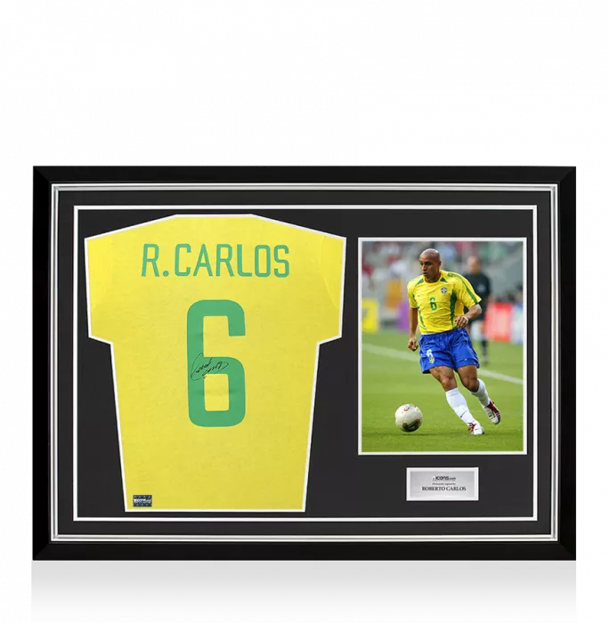 icons Roberto Carlos Back Signed Brazil Retro Shirt In Hero Frame: Option 1