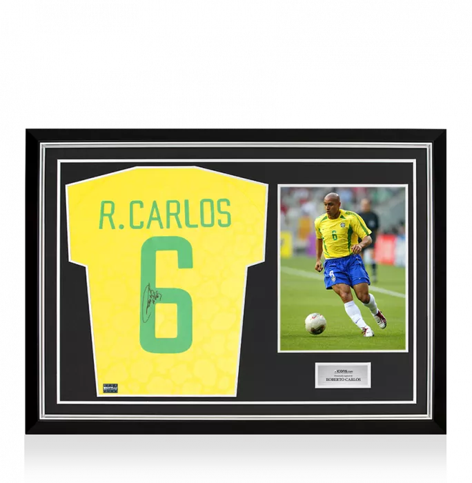 icons Roberto Carlos Back Signed Modern Brazil Home Shirt In Hero Frame: Option 1