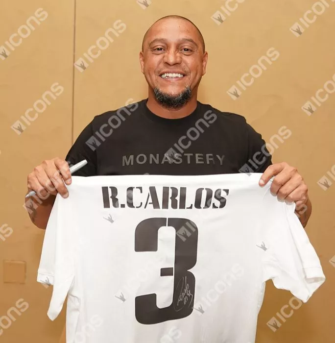 Icons Roberto Carlos Back Signed Modern Real Madrid Home Shirt With Fan Style Numbers In Classic Frame