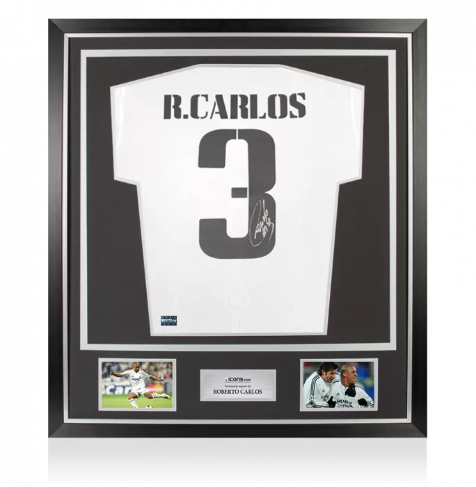 icons Roberto Carlos Back Signed Modern Real Madrid Home Shirt with Fan Style Numbers In Classic Frame