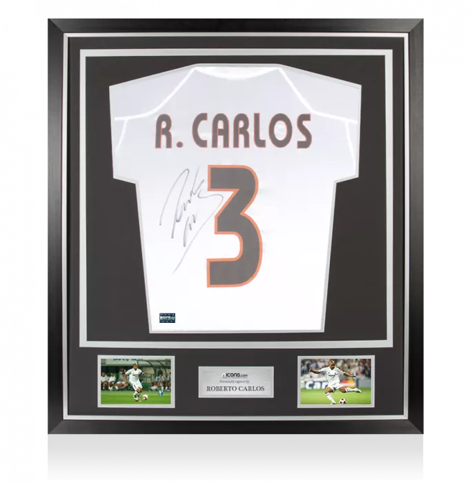 icons Roberto Carlos Back Signed Real Madrid 2004-05 Home Shirt With Short Sleeves In Classic Frame