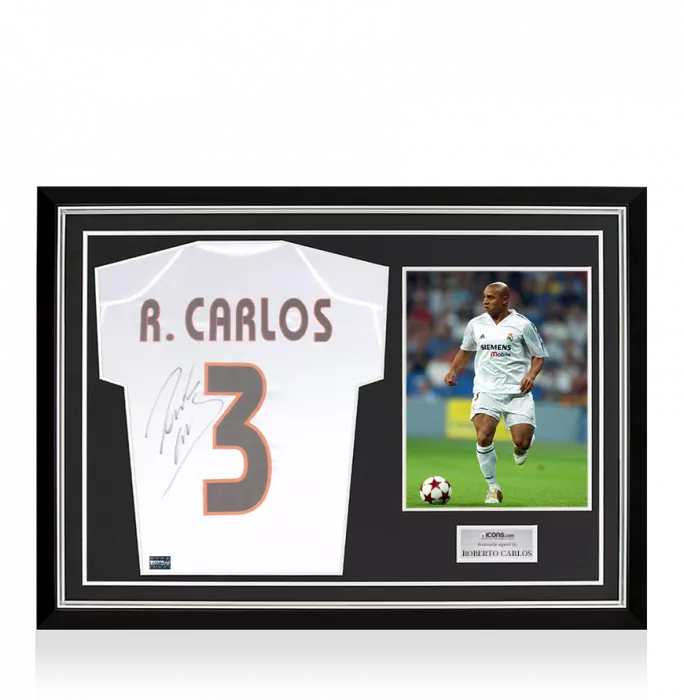 icons Roberto Carlos Back Signed Real Madrid 2004-05 Home Shirt With Short Sleeves Home Shirt In Hero Frame: Option 1