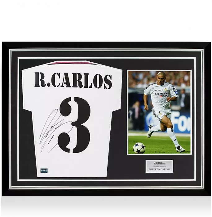 icons Roberto Carlos Back Signed Real Madrid 2014-15 Home Shirt In Hero Frame: Option 1