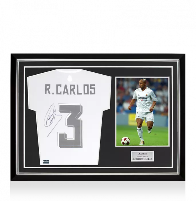 icons Roberto Carlos Back Signed Real Madrid 2015-16 Home Shirt Home Shirt In Hero Frame: Option 1