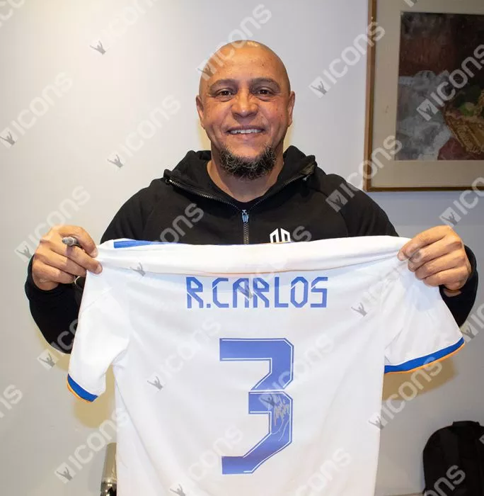 Icons Roberto Carlos Back Signed Real Madrid 2021-22 Home Shirt In Classic Frame