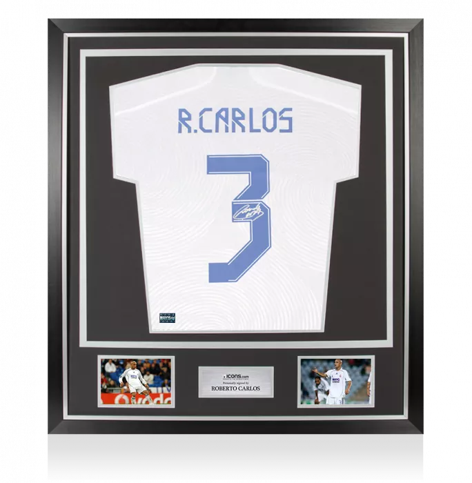 icons Roberto Carlos Back Signed Real Madrid 2021-22 Home Shirt With Long Sleeves In Classic Frame