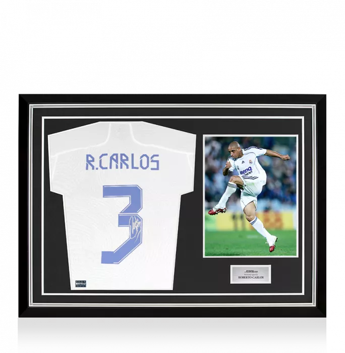 icons Roberto Carlos Back Signed Real Madrid 2021-22 Home Shirt In Hero Frame: Option 1
