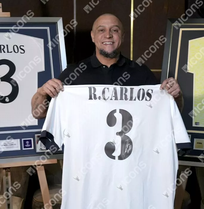 Icons Roberto Carlos Back Signed Real Madrid Home Shirt With Fan Style Numbers In Hero Frame: Option 1