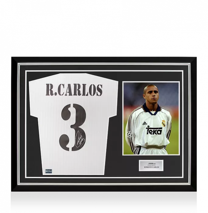 icons Roberto Carlos Back Signed Real Madrid Home Shirt With Fan Style Numbers In Hero Frame: Option 1