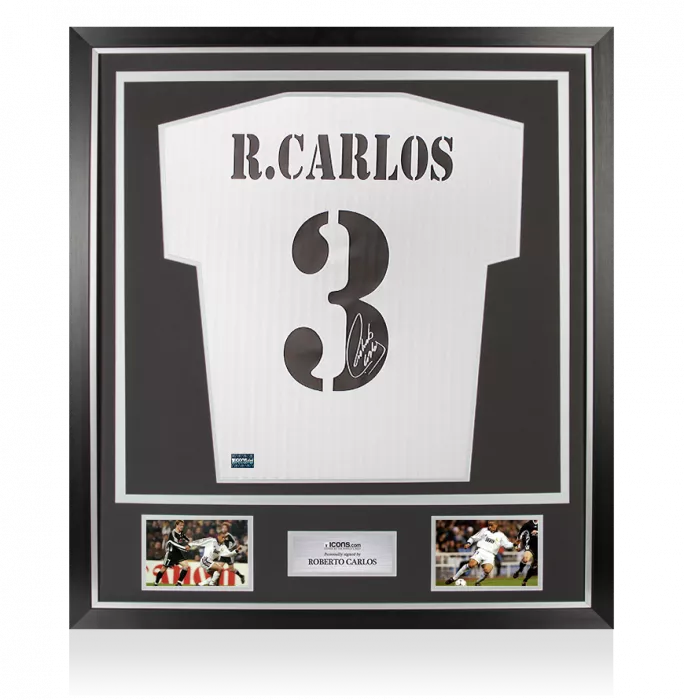 icons Roberto Carlos Back Signed Real Madrid Home Shirt With Fan Style Numbers In Classic Frame