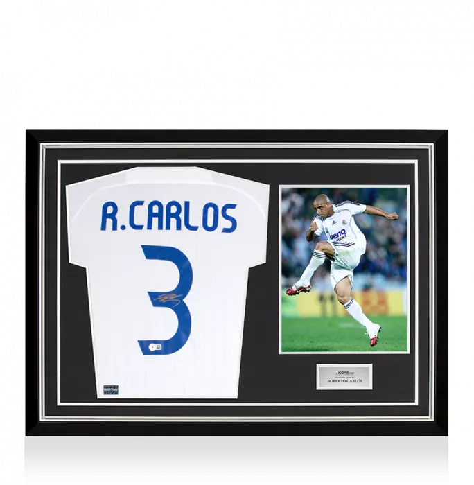 icons Roberto Carlos Back Signed Real Madrid Teamgeist 2021-22 Home Shirt In Hero Frame: Option 1