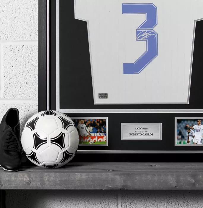 Icons Roberto Carlos Back Signed Real Madrid Teamgeist Shirt In Classic Frame